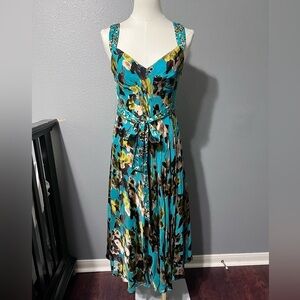 Womens Monsoon Green Floral Silk Blend Vintage Y2k Midi Slip Dress Sz 8 UK 6 US.